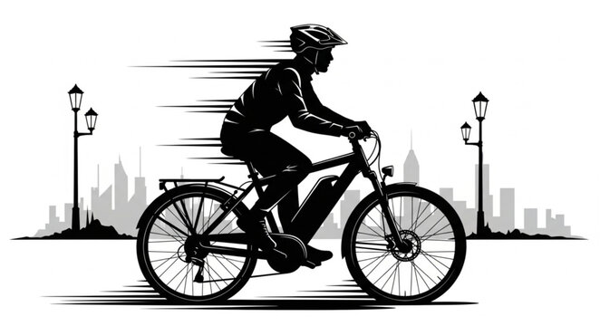 Electric Bike Rider Silhouette Speeding Through Cityscape.