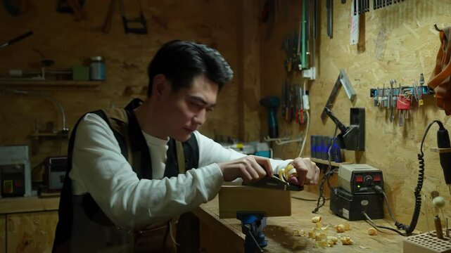 Focused carpenters handmade craftsman using carving knife chisel into wooden block. Curled shavings and warm light highlight fine detail and focused craftsmanship. Man use tool for woodcarving.