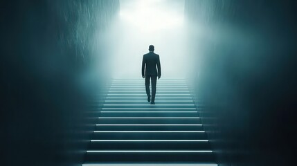 Obraz premium Businessman ascending a neon-lit staircase into a bright, unknown future, symbolizing progress, success, and overcoming challenges in conceptual video animation.