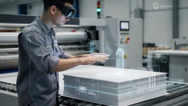 Worker equipped with mixed reality goggles interacts with virtual instructions while positioning materials on lamination line blending digital cues with physical assembly tasks.