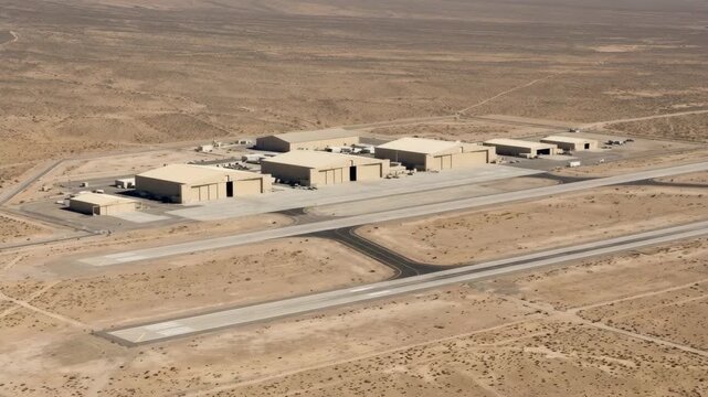Aerial view of a desert airbase with multiple hangars and runways under a clear sky