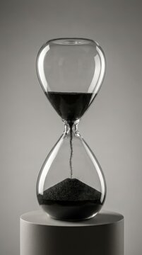 A clear glass hourglass with black sand steadily flowing downward, symbolizing the inexorable passage of time, a constant reminder of life's precious moments, measuring duration
