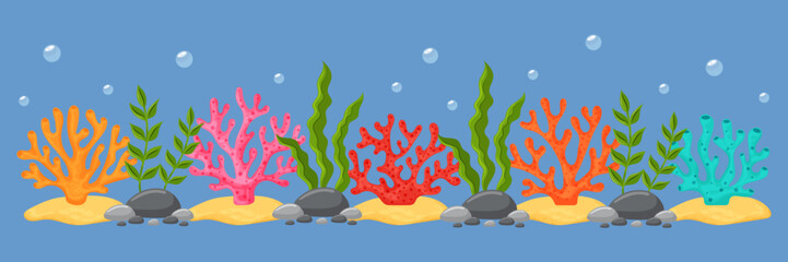 Underwater coral reef border with seaweeds and air bubbles vector illustration. © Marina