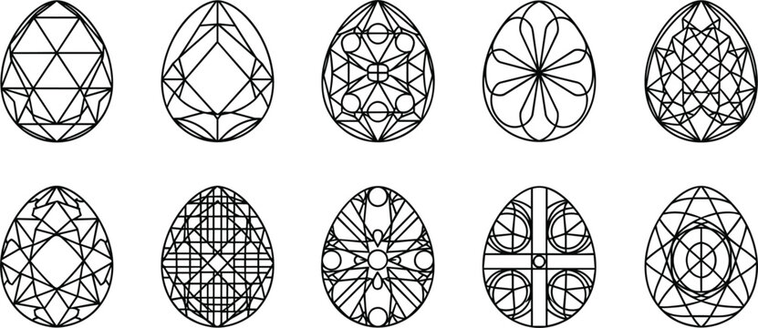 Decorative Easter Egg Outline Set with Geometric Patterns, Mandala Designs, and Ornamental Details for Coloring Page