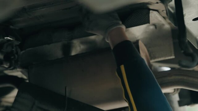 Gloved hand reaching under vehicle chassis inspecting metal undercarriage components