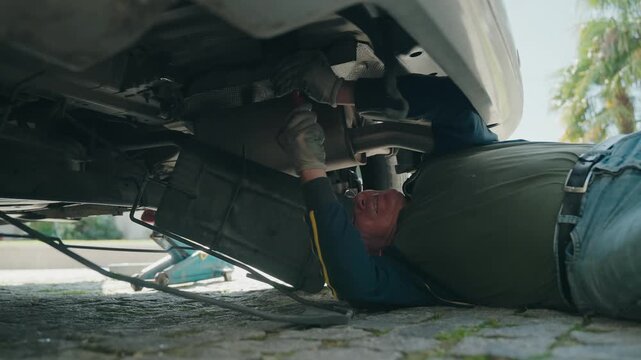 Mechanic lying on ground using screwdriver to repair metal component under vehicle chassis during car maintenance