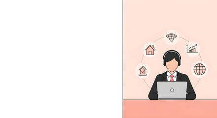 リモートワークとデジタルツールの活用を描いたビジネス用フラットデザインイラスト。右側に人物、左側に広いコピースペースを配置。背景素材。