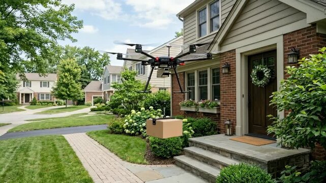 Octocopter drone delivering a cardboard package to a residential house
