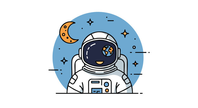 A cartoon astronaut inside a blue circle with a crescent moon, stars, and the earth in their visor. It is a vector design