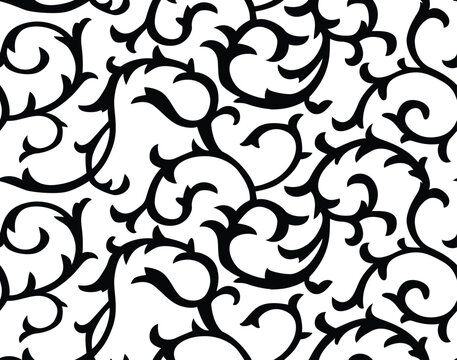 Classic black and white damask seamless pattern with floral scrolls