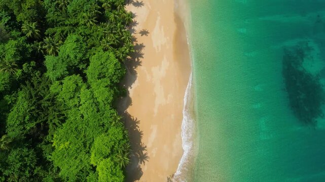 High angle drone shot along the Praia Macaco beach, sunny day on Principe island