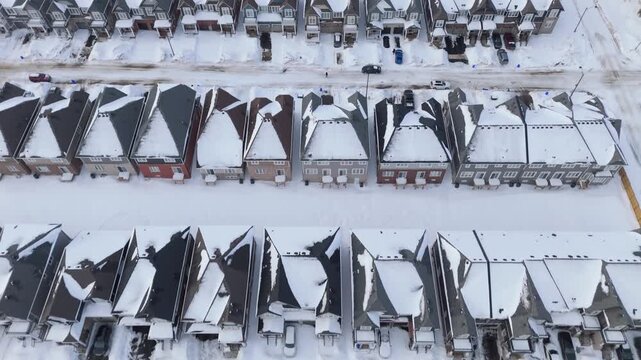 Rows Of Detached And Townhouses In A New Housing Development In Erin, Ontario, Canada. Aerial Flyover.