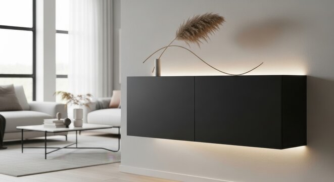 Modern Floating Wall Cabinet with Ambient LED Lighting in a Minimalist Living Space
