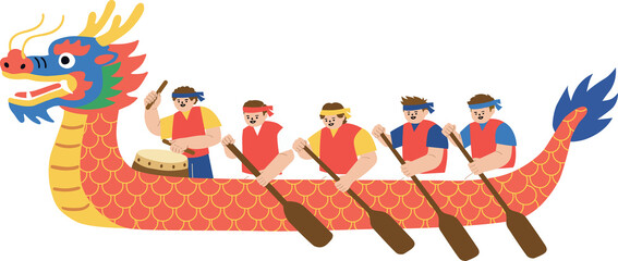 Dragon Boat Festival Rowers and Drummer Vector Illustration on River and Sky Background © Designina