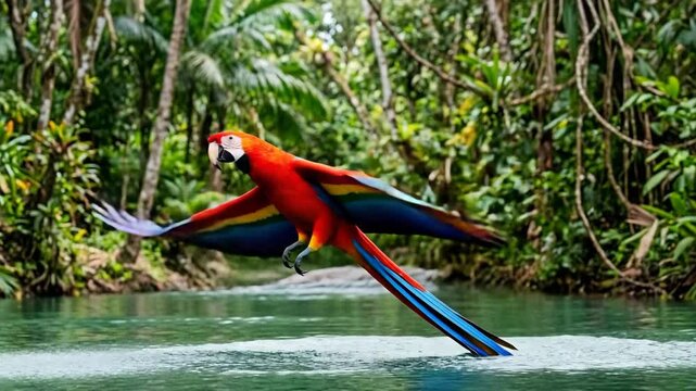 Vibrant Scarlet Macaw in flight above a tropical river surrounded by lush jungle foliage