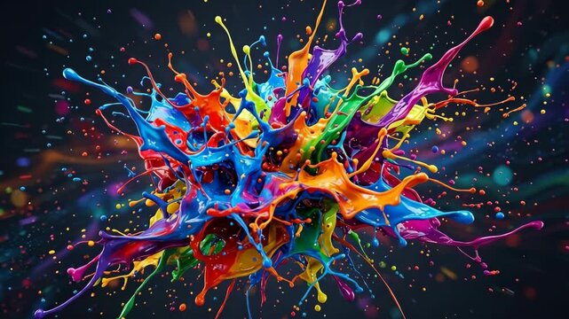 Vibrant multicolored paint splashes exploding dynamically against a dark background with bokeh