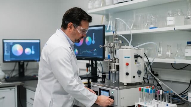 Scientist adjusting lab equipment for AIdriven formulation development analyzing test data to create innovative chemical blends in a mediumsized laboratory setting.
