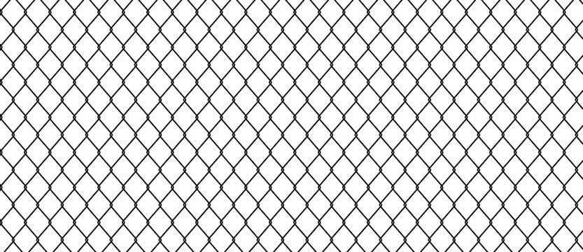 Seamless black chain link fence pattern on white background. Industrial wire mesh texture for architectural design and security fencing concepts.