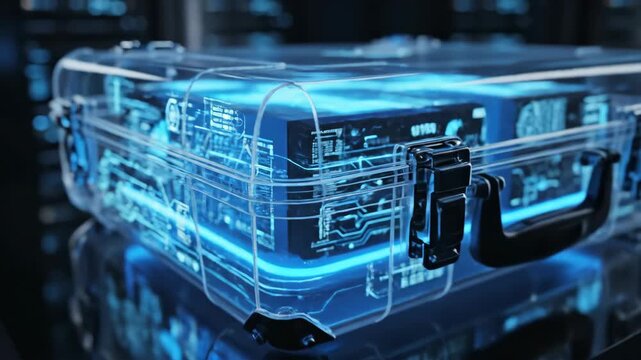 Transparent hard circuit electronics technology marketing suitcase case glowing blue futuristic transparent briefcase circuitry design secure