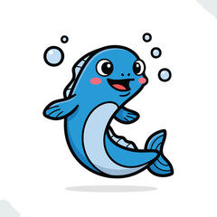 Fototapeta premium A cartoon-style illustration of a happy blue fish with a white belly, smiling. Bubbles float around it. The image is on a white background