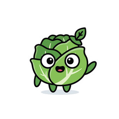 Fototapeta premium A cartoon-style cabbage with large eyes, a smiling mouth, and small feet and arms, waving. It's green with black outlines