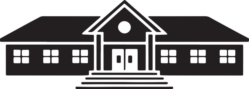 Black silhouette of school house or community center with pitched roof porch and steps