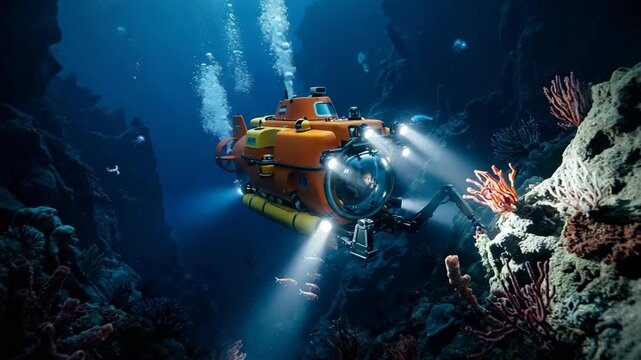 Orange submersible vehicle exploring deep ocean trench with coral reefs and fish