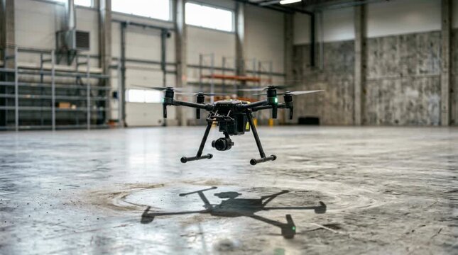 Quadcopter Drone Hovering Indoors In Industrial Warehouse Showing AI Robotics And Autonomous Aerial Technology