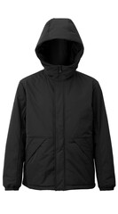 Black Hooded Jacket. warm sport. Men's hooded insulated down jacket with zip pockets. Black fleece jackets with a zipper. Unisex style isolated on white background. Fashionable black wool hoodie coat. © Hathaichanok