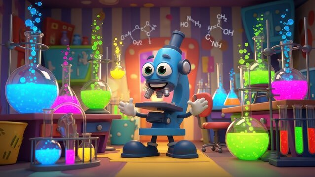 Whimsical cartoon science laboratory featuring a happy animated microscope character