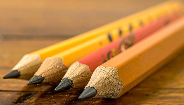 Close-up of four pencils in a row, with sharpened graphite tips visible