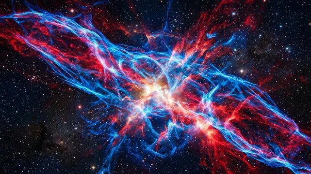 Vibrant cosmic nebula with bright blue and red gaseous clouds amidst starry sky