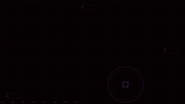 Professional aviation glass cockpit HUD animation featuring altitude band indicators, waypoint navigation dots, and gimbal box tracking system. Realistic instrument panel with blue and green data disp