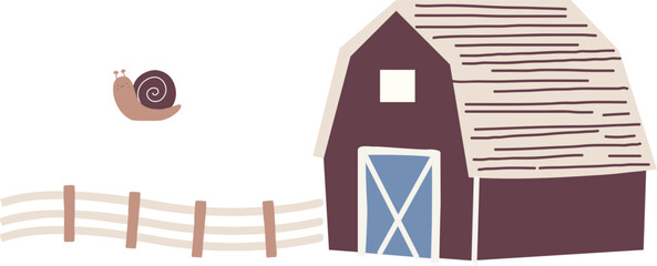 Cute hand drawn barn house and snail illustration, vector © Md
