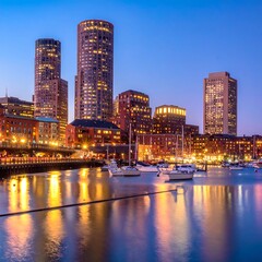 Obraz premium A serene cityscape at dusk with boats on a reflective waterfront