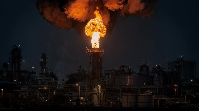 Nighttime medium shot of a tall flare stack emitting bright flames illuminating thick smoke and emphasizing continuous crude gas combustion in a dark industrial setting.