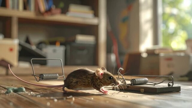 A curious mouse approaches a wooden mouse trap in a sunlit room, with a bookcase in the background