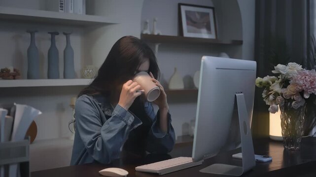 Busy businesswoman working overtime in the night at her desk is stressed and confused, typing on a laptop computer and drinking hot coffee or tea to be awake and inspired
