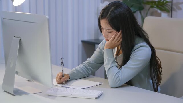 Boring stressed businesswoman experiencing falls asleep while studying or working overtime at home, due to overwork, multitasking, and tight deadlines causing a mental breakdown