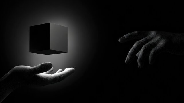 Levitating cube above open hand, magnetic prototype illuminated from below, dark background with soft halo, inventor gesture conveys wonder and careful control, minimalist studio composition