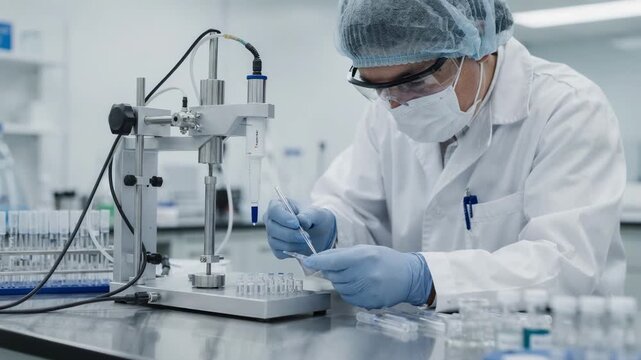Medium shot of a technician carefully microdosing active pharmaceutical ingredients using precision equipment in a sterile lab environment.