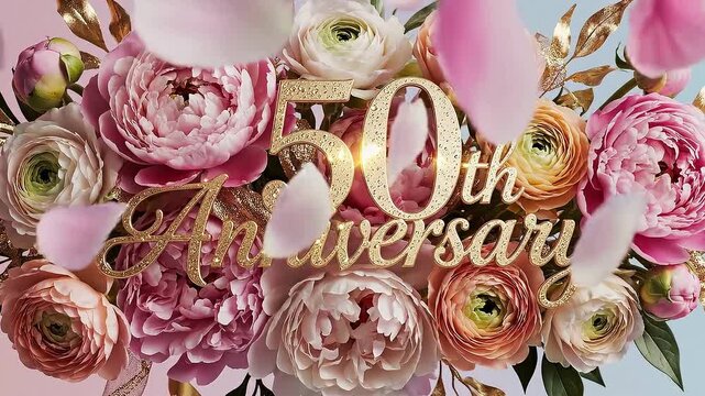 50th Anniversary Golden Lettering in Pink and Peach Peony Bouquet