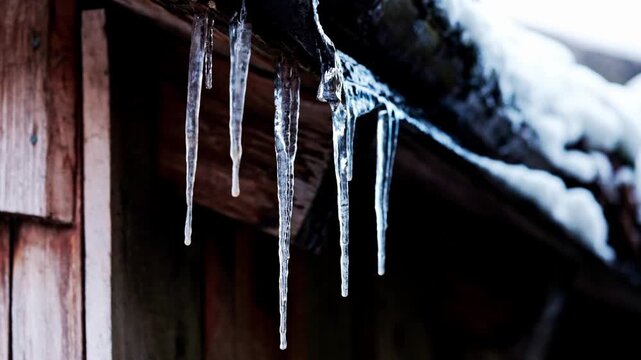 Large icicles which formed on the roof of a house during winter with sub zero temperatures