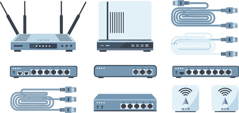 Network Equipment and Connectivity Illustration Set Featuring Routers, Switches, Cables, and Wi-Fi Access Points for IT Infrastructure and Communication Designs