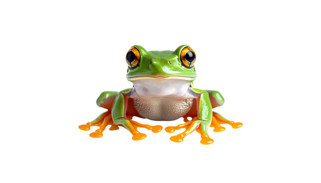 A tree frog with bright red eyes, orange feet, and vibrant green skin sits alone against a white background.