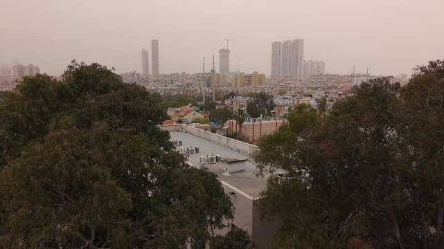 Israel sandstorm over Holon and Bat Yam cities revealed through trees with thick orange dust particles in air.