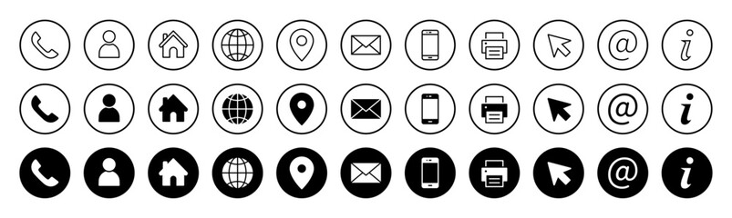 Visiting card contact icon set. Phone, call, location, globe, email, user, home icons for web website communication in solid and line style.