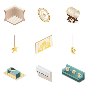 Eid Al-Fitr Celebration Interior Isometric Set with Bedug Mosque Decor and Living Room