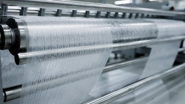 Side angle medium shot of microembossed identification films being fed into a sorting machine highlighting tactile patterns for automated recognition in plants.