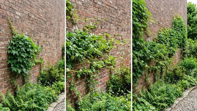Green ivy climbing a weathered brick wall with lush ferns at the base